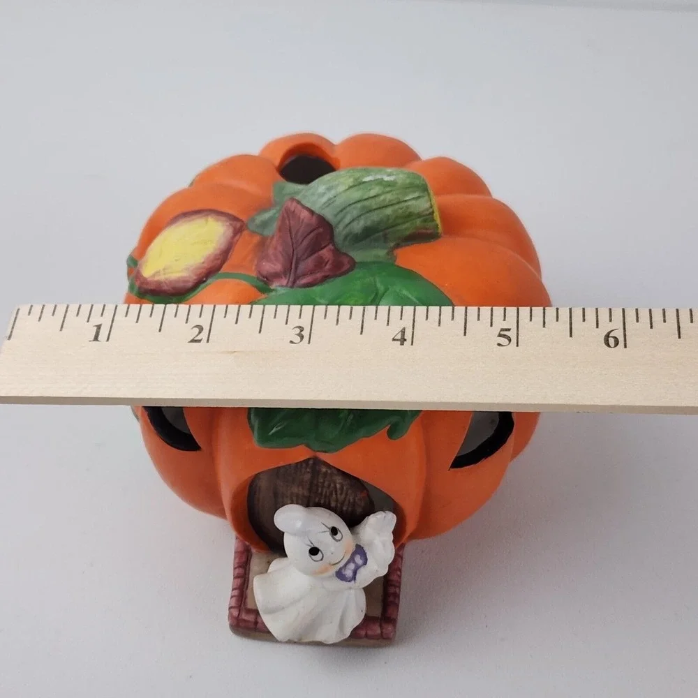 Vintage Halloween Ceramic Pumpkin and Ghost Tea Light Votive‎ Candle Holder
